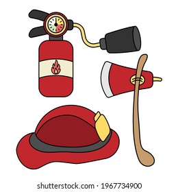 Fire fighting equipment. Fire extinguishers, fire helmets and axes. flat design safety concept. stroke. vector, illustration.