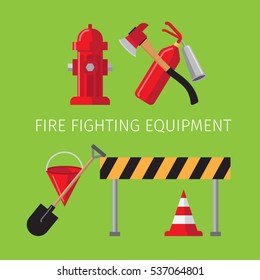 Fire fighting equipment on green background vector illustration.