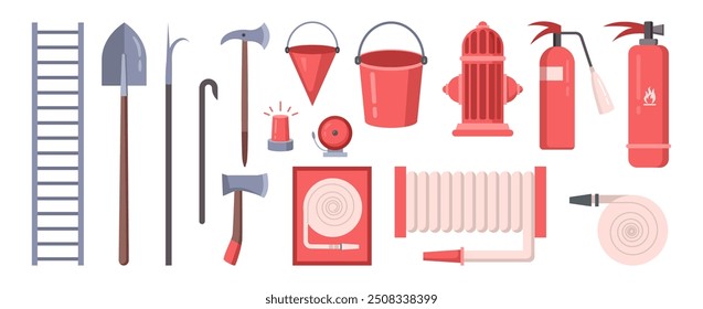 Fire fighting equipment of professional. Vector isolated set of hydrant and long hose, extinguisher and ladder, siren and alarm for buildings to call for firefighters. Buckets and axes for breaking in