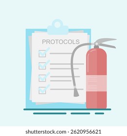 Equipamento de combate a incêndios, protocolos e procedimentos, sistemas de alarme de incêndio. Treinamento de segurança contra incêndio, Protocolos de segurança contra incêndio com Listas de verificação. Estilo Plano Moderno.