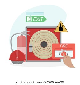 Equipamento de combate a incêndios, protocolos e procedimentos, sistemas de alarme de incêndio. Treinamento de segurança contra incêndio, Protocolos de segurança contra incêndio com Listas de verificação. Estilo Plano Moderno.