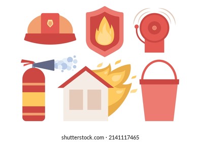 Equipo de lucha contra incendios. Iconos de protección contra incendios. Instalaciones de seguridad contra incendios. Sistema de extinción, llama, alerta, concepto inflamable. Ilustración plana del vector