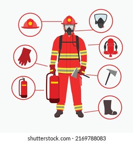 Fire Fighting Equipment, Tools And Equipment With Full Protective Clothing In Red.