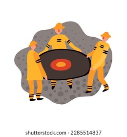 Fire fighting flat composition three firemen going to catch people vector illustration
