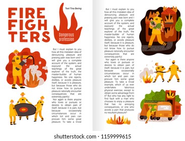 Fire fighting flat infographics on book pages firemen with professional equipment during work vector illustration 