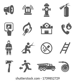 Fire fighting icon set, firefighter job and professional equipment. Life safety, house protection emergency services. Vector fire fighting illustration on white background.