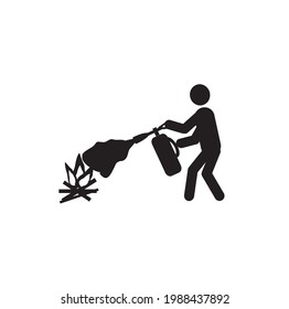 fire fighting icon, stick icon man with fire extinguisher extinguishes fire, isolated on white background, flat design style