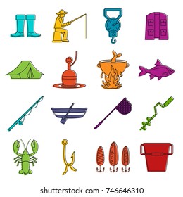 Fire fighting icons set. Doodle illustration of vector icons isolated on white background for any web design