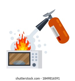 Fire fighting. Job of a firefighter. Flat cartoon illustration. Red fire extinguisher. Danger and problem. Broken Home appliances microwave.