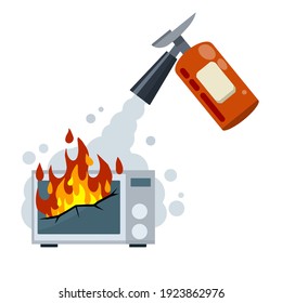 Fire fighting. Job of a firefighter. Flat cartoon illustration. Red fire extinguisher. Danger and problem. Broken Home appliances microwave.