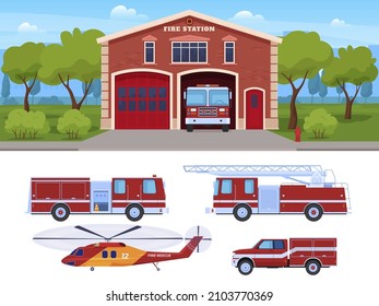 Fire fighting machinery collection vector flat illustration. Firefighting vehicles helicopter, truck, car, automobile, transportation in garage set. Emergency service aid assistance rescue protection