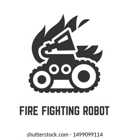 Fire fighting robot icon with mobile autonomous tracked vehicle thermite firefighter with water or foam hose glyph symbol.