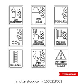 Fire fighting signs icon set of outline types. Isolated vector sign symbols. Icon pack.