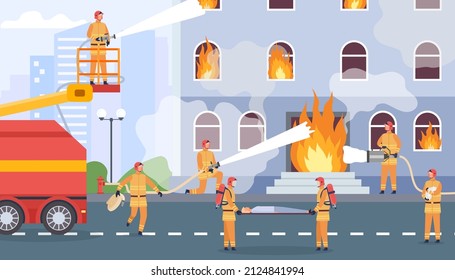 Fire fighting team extinguish burning building and rescue people. Fireman with water hose put out flame. Flat fire emergency vector concept. Illustration of firefighter and fireman