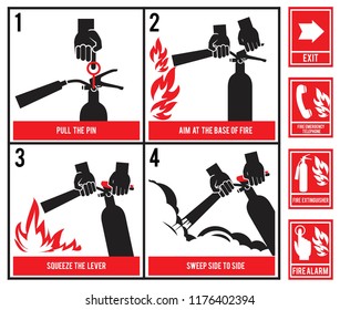 Fire fighting technical illustration. Vector silhouette of fire extinguisher. Instruction fire equipment, extinguisher and protection