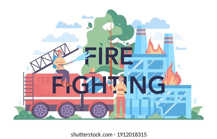 Fire fighting typographic header. Professional fire brigade firhting with flame. Character wearing a helmet and uniform rescuing people from burning building. Isolated flat vector illustration