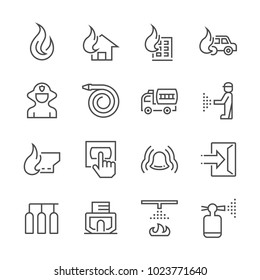Fire Fighting Vector Line Icon. Consist Of House, Flame And Firefighter Or Fireman. Include Sprinkler, Fire Alarm System And Rescue Department Tools I.e. Fire Extinguisher, Hose Pipe And Hydrant.