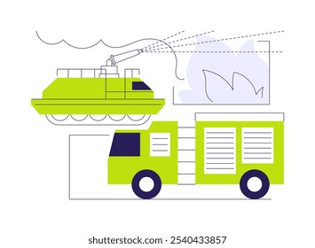 Ilustración vectorial de concepto abstracto de vehículo de extinción de incendios. Grupo de bomberos rocía agua del transporte especial, departamento de emergencia, metáfora abstracta del problema ambiental global.