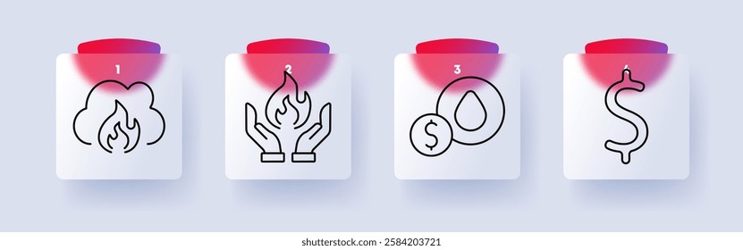 Fire and finance set icon. Fire cloud, safety hands, oil investment, dollar currency, crisis management, protection, economy, financial market