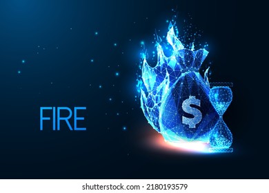 FIRE financial independence, early retirement concept, in futuristic glowing style on dark blue 