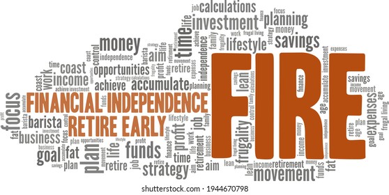 FIRE - Financial Independence Retire Early vector illustration word cloud isolated on a white background.