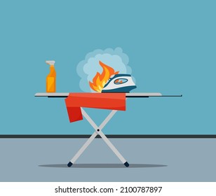 Fire fired iron and ironing board vector illustration. Eps 10