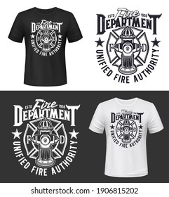 Fire and firefighters department t-shirt print mockup, vector template. Fireman and firefighting dept icon with fire hydrant, Maltese cross and stars, safety and firefighter symbol for t shirt print