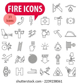 Fuego y extinción de incendios, conjunto de iconos. prevención y eliminación de incendios, iconos lineales.