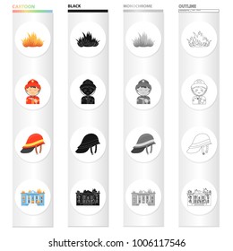 Fire, firemen in uniform, protective helmet, burning building. Fire Department set collection icons in cartoon black monochrome outline style vector symbol stock illustration web.