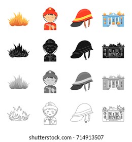 Fire, firemen in uniform, protective helmet, burning building. Fire Department set collection icons in cartoon black monochrome outline style vector symbol stock illustration web.