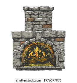 Fire in the fireplace line art color sketch engraving vector illustration. T-shirt apparel print design. Scratch board imitation. Black and white hand drawn image.