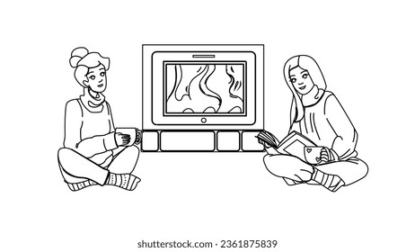 fire fireplace woman vector. drink hot, warm indoors, cozy relax fire fireplace woman character. people black line illustration