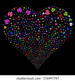 Fire fireworks with heart shape. Vector illustration style is flat bright multicolored iconic symbols on a black background. Object heart made from scattered design elements.
