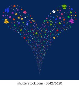 Fire fireworks stream. Vector illustration style is flat bright multicolored iconic symbols on a blue background. Object double fountain organized from random icons.