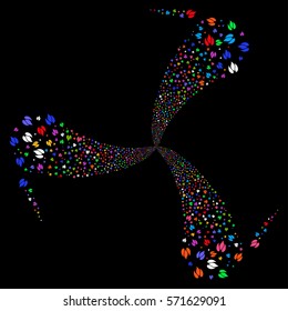 Fire fireworks swirl rotation. Vector illustration style is flat bright multicolored iconic symbols on a black background. Object twirl created from random pictograms.
