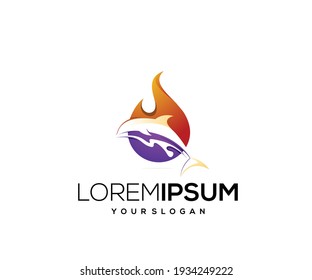 fire and fish icon logo design template