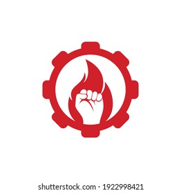 Fire Fist gear shape concept Logo Vector. Revolution Protest Flame Fist Symbol. Web Icon Logo Template Design Element.