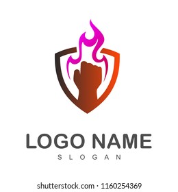 fire fist in shield shape logo template