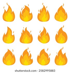 Fire flam icon collection. Fire flame vector icon set. Flammable sign. Fire flame symbol. Flames icon sign symbol collections, vector illustration. Bonfire silhouette logotype. Flat style.