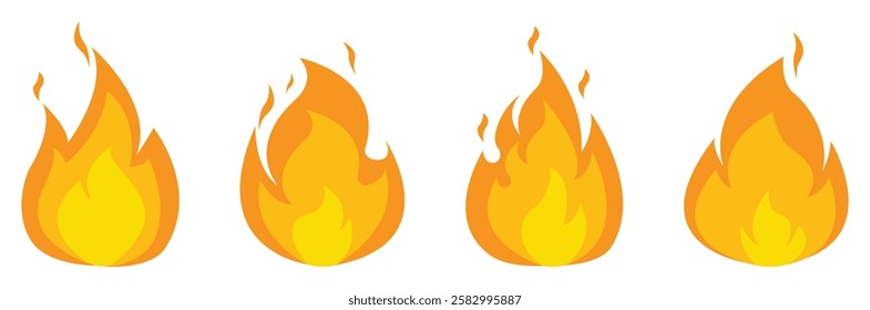 Fire flam icon collection. Fire flame vector icon set. Flammable sign symbol. Fire flame symbol. Flames icon sign symbol collections, vector illustration. Bonfire silhouette logotype. Flat style.