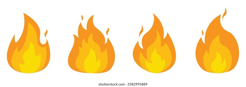 Fire flam icon collection. Fire flame vector icon set. Flammable sign symbol. Fire flame icons. Flames icon sign symbol collections, vector illustration. Bonfire silhouette logotype. Flat style.