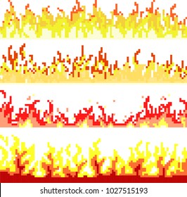 Fire flame background. Set of fire banner in pixel. Vector illustration.