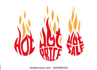 Fire flame banner set isolated on the white background. Different shapes flat style. Vector illustration.