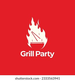 Fire flame barbeque grill logo design illustration with tongs icon. Isolated object on background