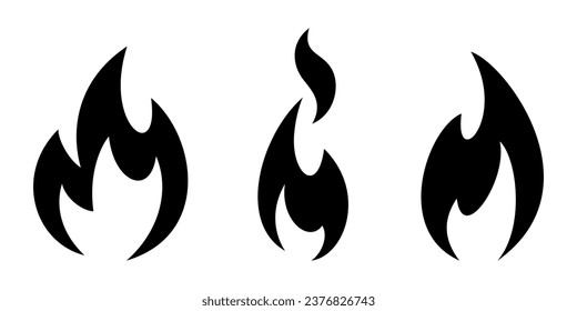 Fire flame. Black silhouette of fire flame isolated on a white background. Set of vector illustrations. Handmade illustration, not AI