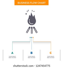 fire, flame, bonfire, camping, camp Business Flow Chart Design with 3 Steps. Glyph Icon For Presentation Background Template Place for text.