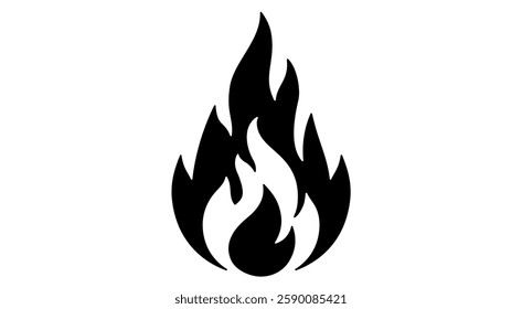 Fire, flame, bonfire. Flame fire icon, abstract style on white background. Flat burn fire symbol, bonfire sign, flame campfire emoji. Camping fireball minimal graphic style. Vector Illustration