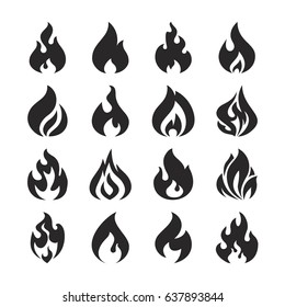 Fire flame and bonfire vector silhouette icons set