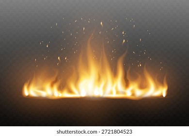 Frontera de llama de fuego con chispas aisladas sobre fondo transparente
