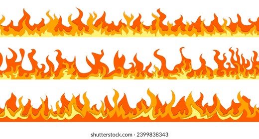 Fire flame borders collection in a flat design. Fire blazing banner, heat burn wildfire silhouette flammable elements. Red yellow flame background collection